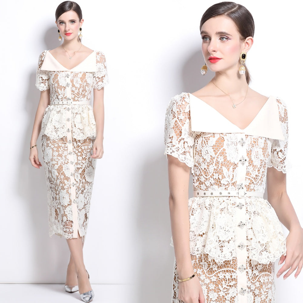 CM-DY025190 Women Elegant European Style V-Neck Short Sleeve Belt Mini Dress - Beige