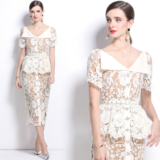CM-DY025190 Women Elegant European Style V-Neck Short Sleeve Belt Mini Dress - Beige