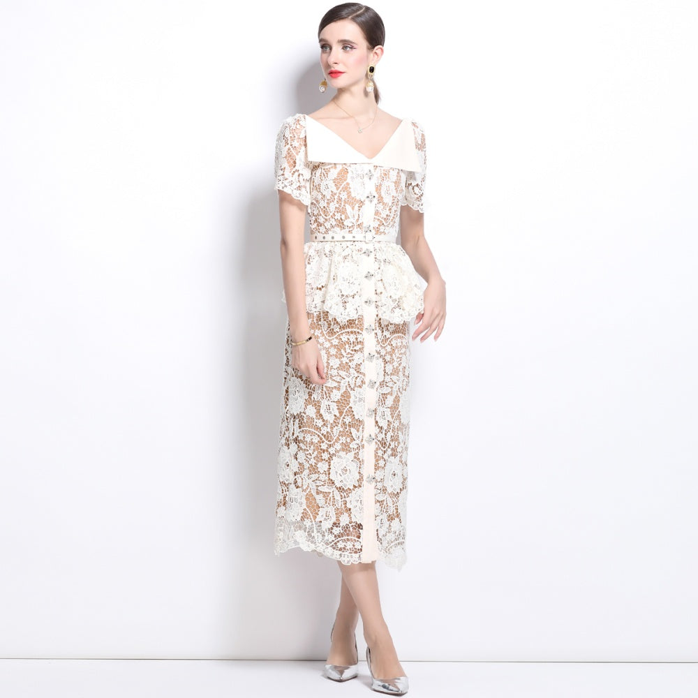 CM-DY025190 Women Elegant European Style V-Neck Short Sleeve Belt Mini Dress - Beige