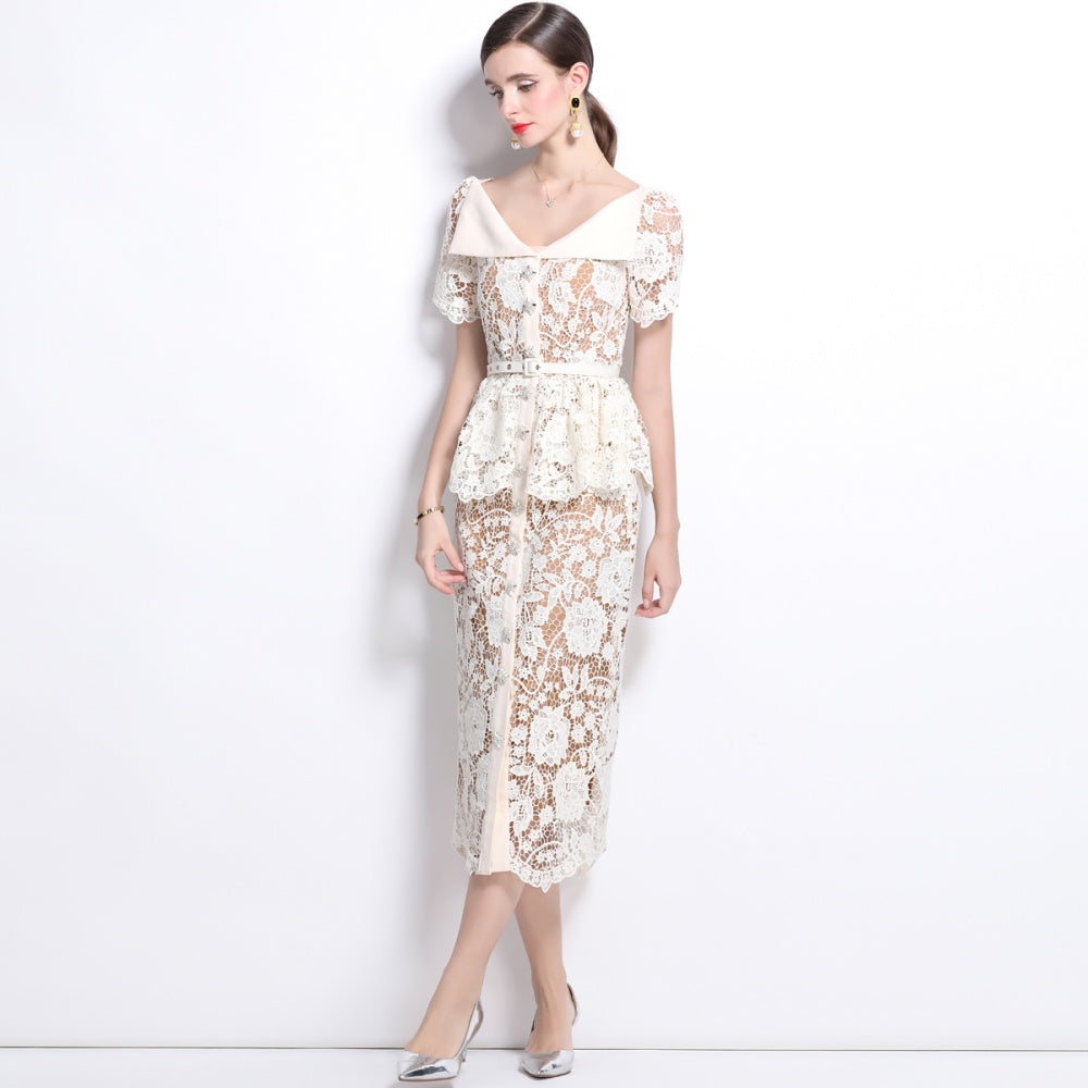 CM-DY025190 Women Elegant European Style V-Neck Short Sleeve Belt Mini Dress - Beige