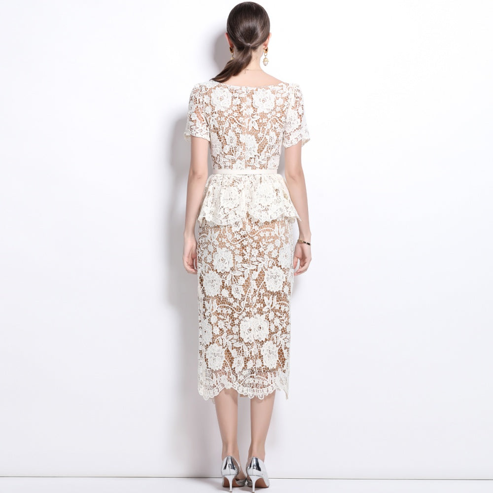 CM-DY025190 Women Elegant European Style V-Neck Short Sleeve Belt Mini Dress - Beige
