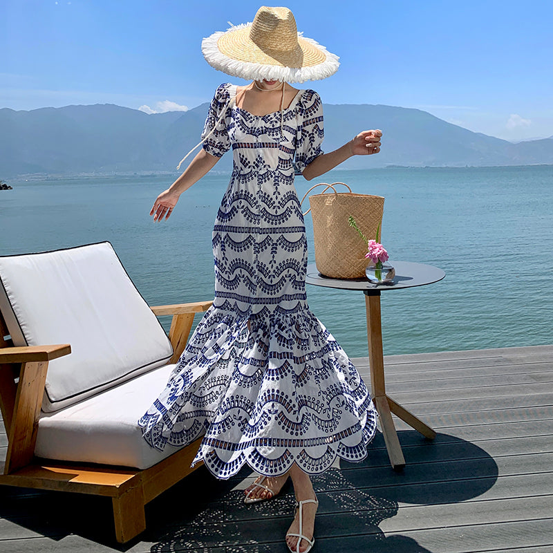 CM-DY025882 Women Trendy Bohemain Style Embroidery Square Collar  Short Sleeve Maxi Dress