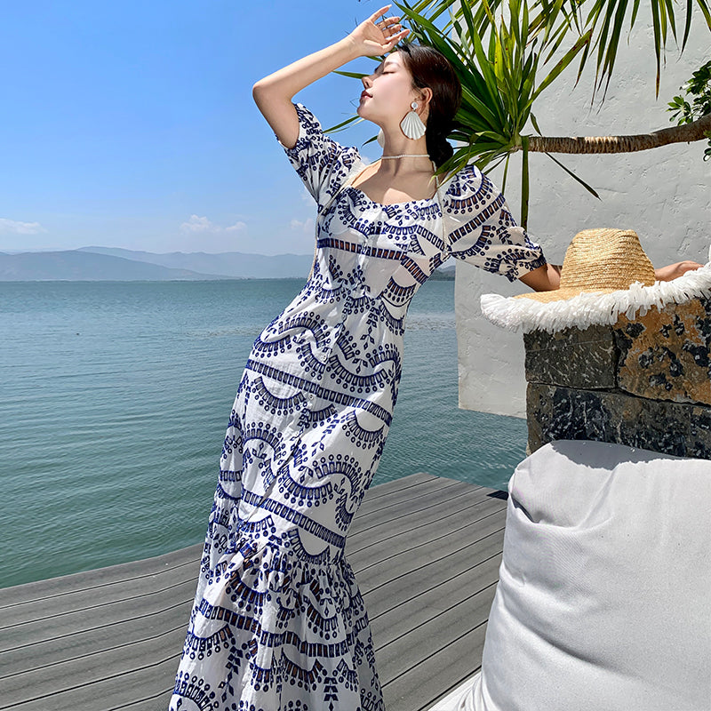 CM-DY025882 Women Trendy Bohemain Style Embroidery Square Collar  Short Sleeve Maxi Dress