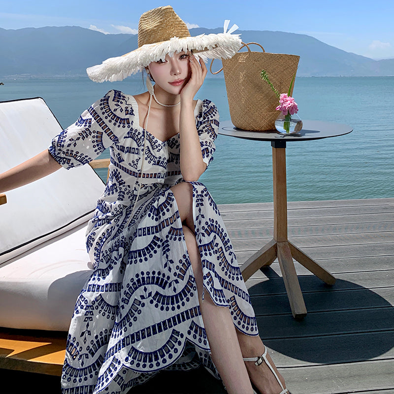 CM-DY025882 Women Trendy Bohemain Style Embroidery Square Collar  Short Sleeve Maxi Dress