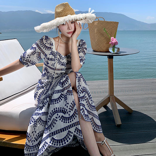 CM-DY025882 Women Trendy Bohemain Style Embroidery Square Collar  Short Sleeve Maxi Dress