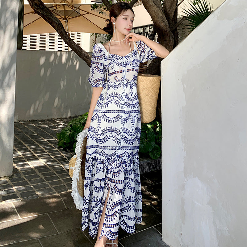 CM-DY025882 Women Trendy Bohemain Style Embroidery Square Collar  Short Sleeve Maxi Dress