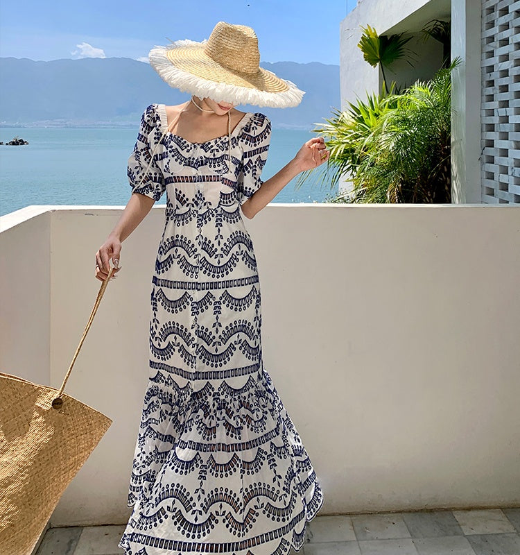 CM-DY025882 Women Trendy Bohemain Style Embroidery Square Collar  Short Sleeve Maxi Dress