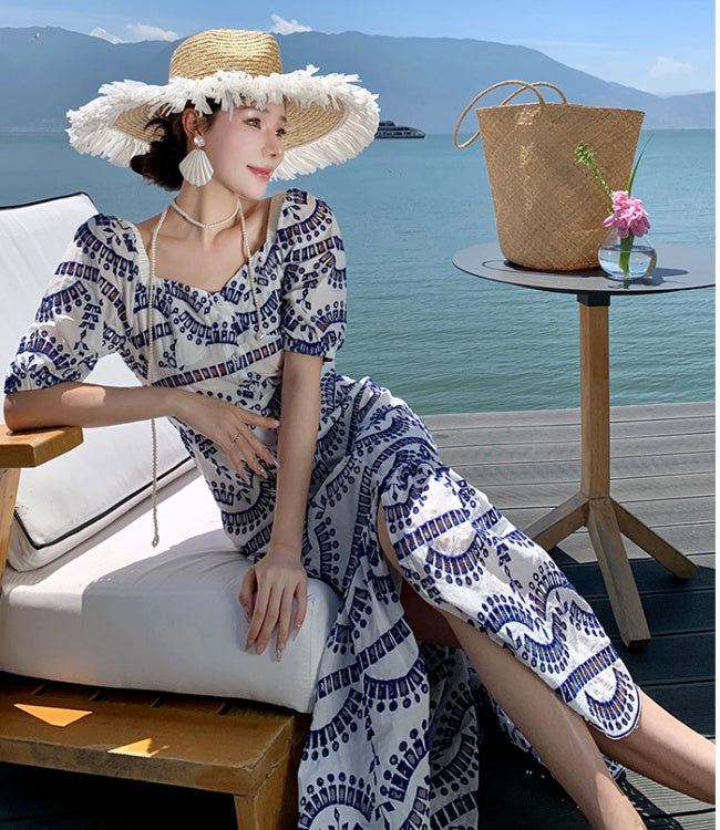 CM-DY025882 Women Trendy Bohemain Style Embroidery Square Collar  Short Sleeve Maxi Dress