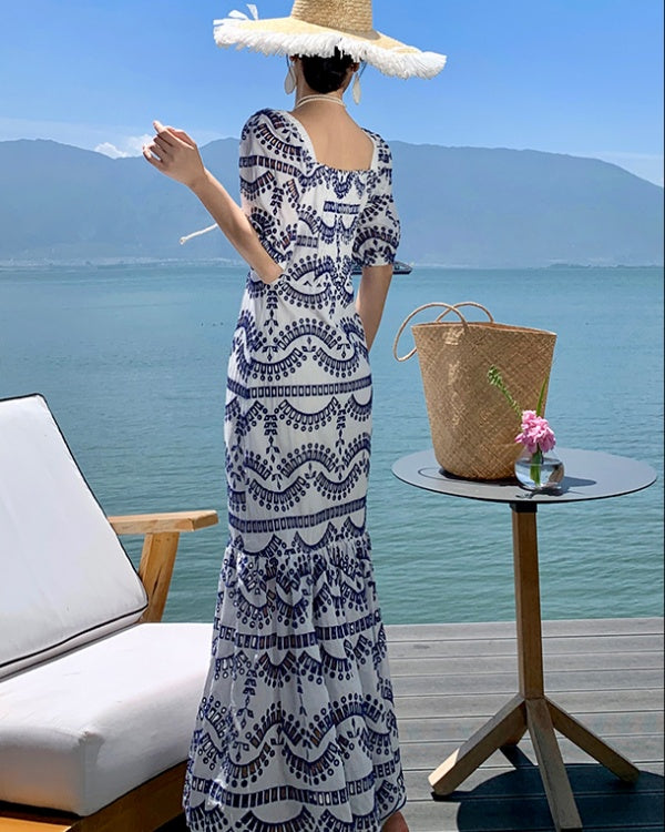 CM-DY025882 Women Trendy Bohemain Style Embroidery Square Collar  Short Sleeve Maxi Dress