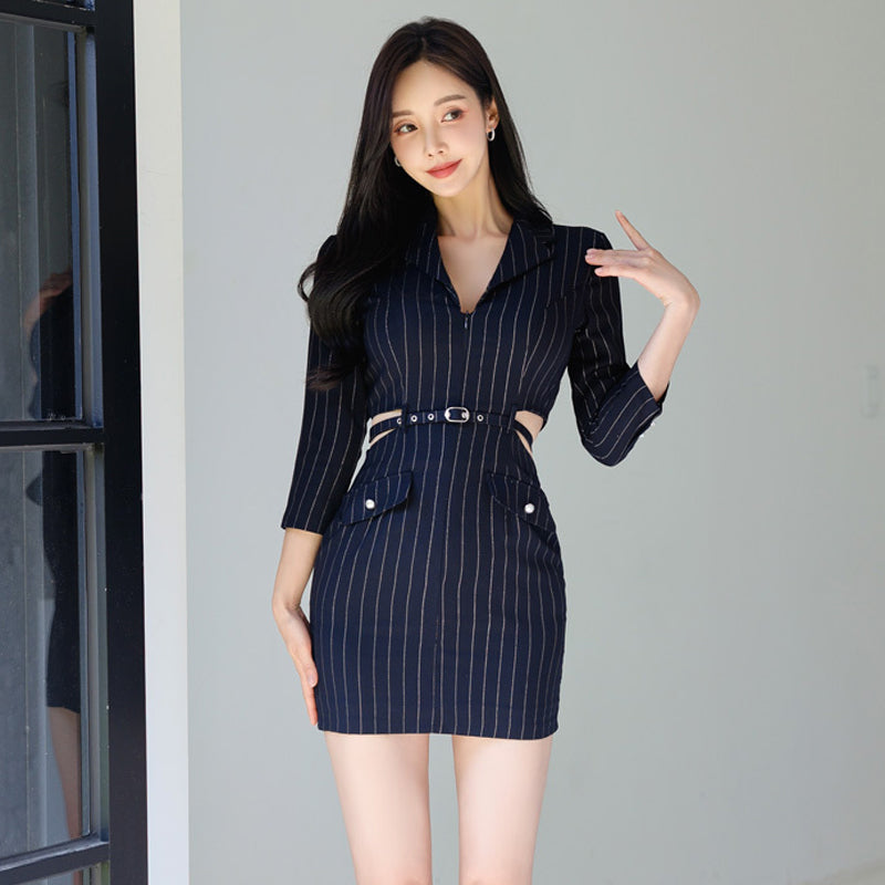 CM-DY026069 Women Elegant Seoul Style Stripe Collar Neckline 3/4 Sleeve Mini Dress