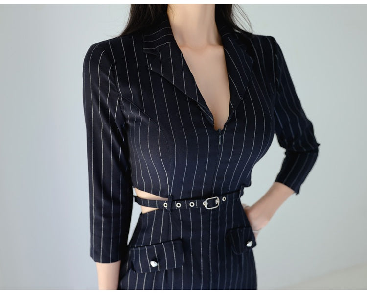 CM-DY026069 Women Elegant Seoul Style Stripe Collar Neckline 3/4 Sleeve Mini Dress