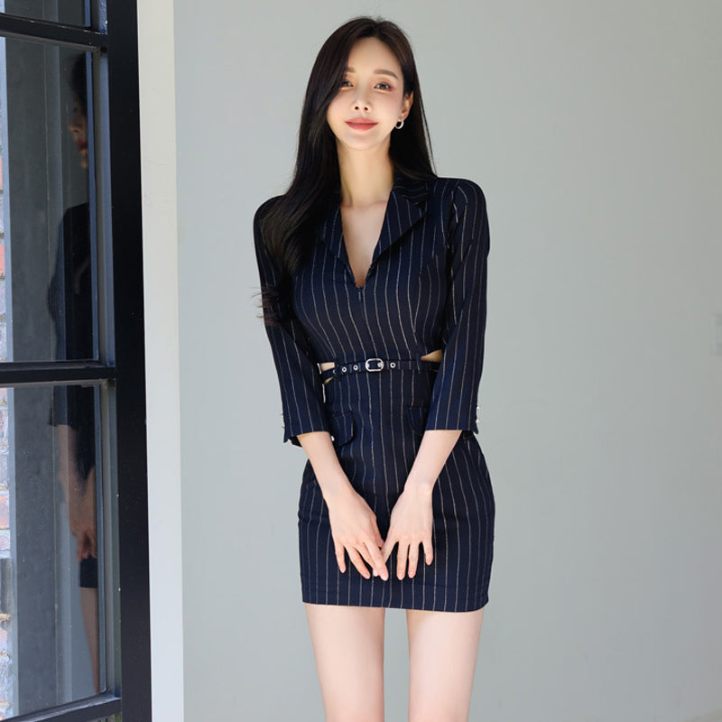 CM-DY026069 Women Elegant Seoul Style Stripe Collar Neckline 3/4 Sleeve Mini Dress