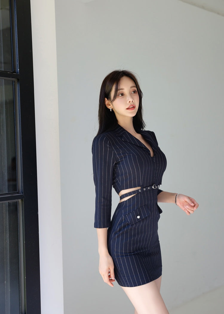 CM-DY026069 Women Elegant Seoul Style Stripe Collar Neckline 3/4 Sleeve Mini Dress