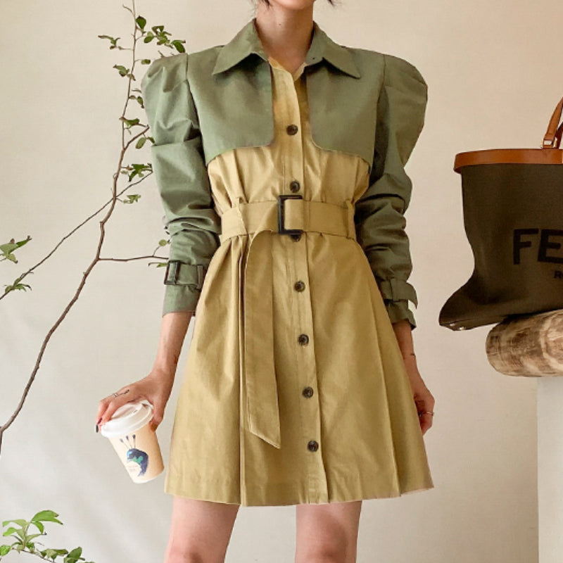 CM-DY026187 Women Casual Seoul Style Single Breasted Long Sleeve Pinched Waist Slim Dress