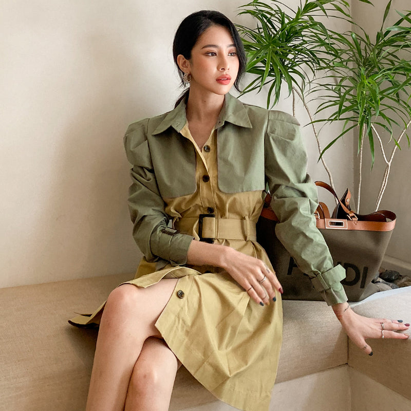 CM-DY026187 Women Casual Seoul Style Single Breasted Long Sleeve Pinched Waist Slim Dress