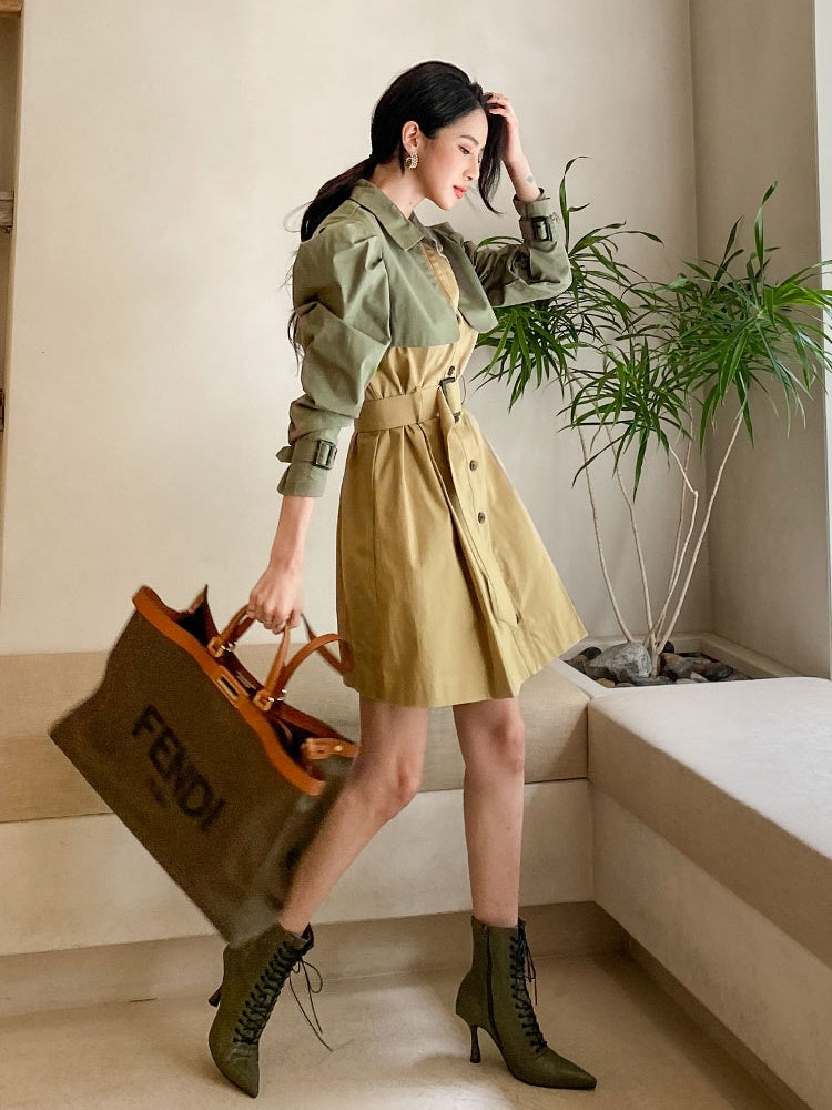 CM-DY026187 Women Casual Seoul Style Single Breasted Long Sleeve Pinched Waist Slim Dress