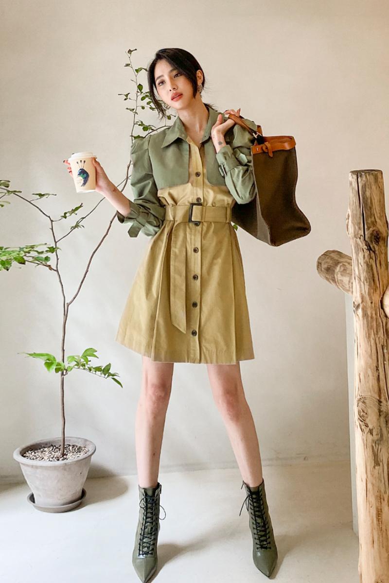 CM-DY026187 Women Casual Seoul Style Single Breasted Long Sleeve Pinched Waist Slim Dress