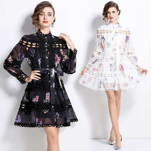 CM-DY026197 Women Elegant European Style Stand Collar Floral Print Single-Breasted Mini Dress (Available in 2 colors)