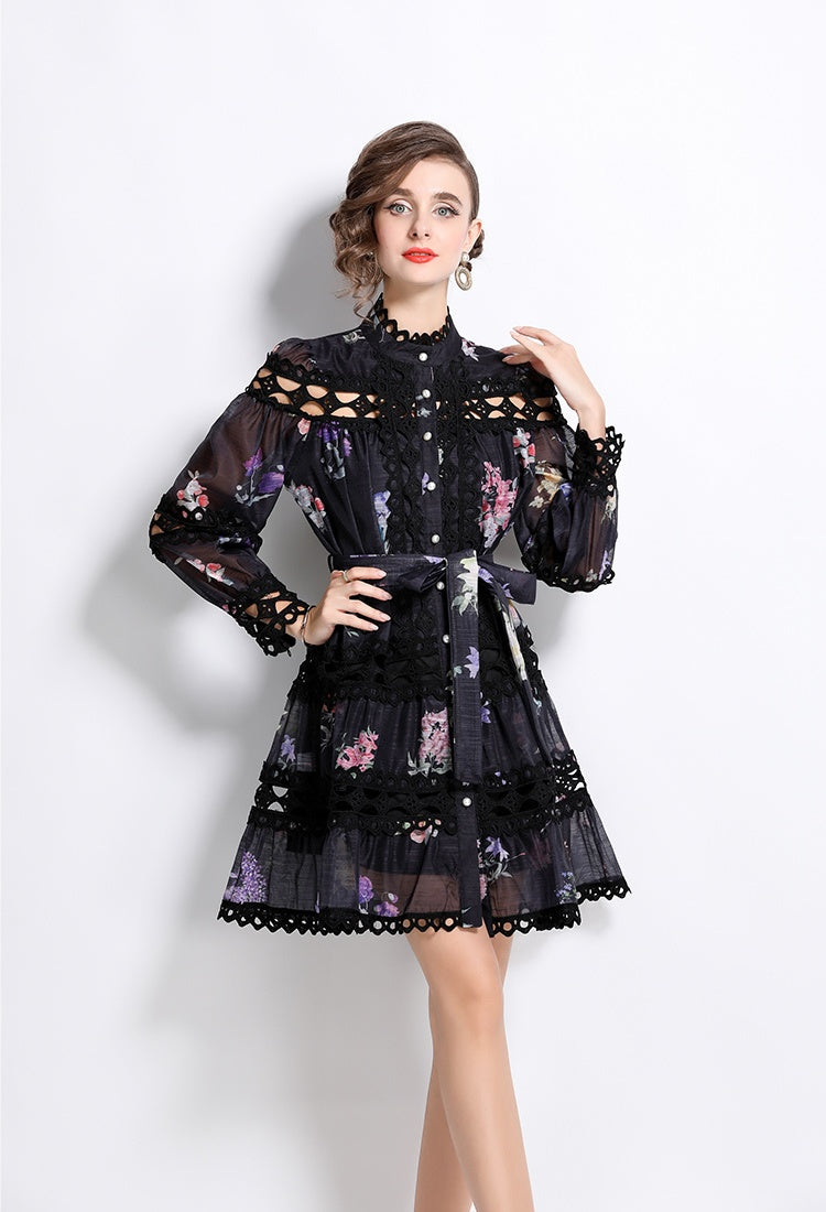 CM-DY026197 Women Elegant European Style Stand Collar Floral Print Single-Breasted Mini Dress (Available in 2 colors)