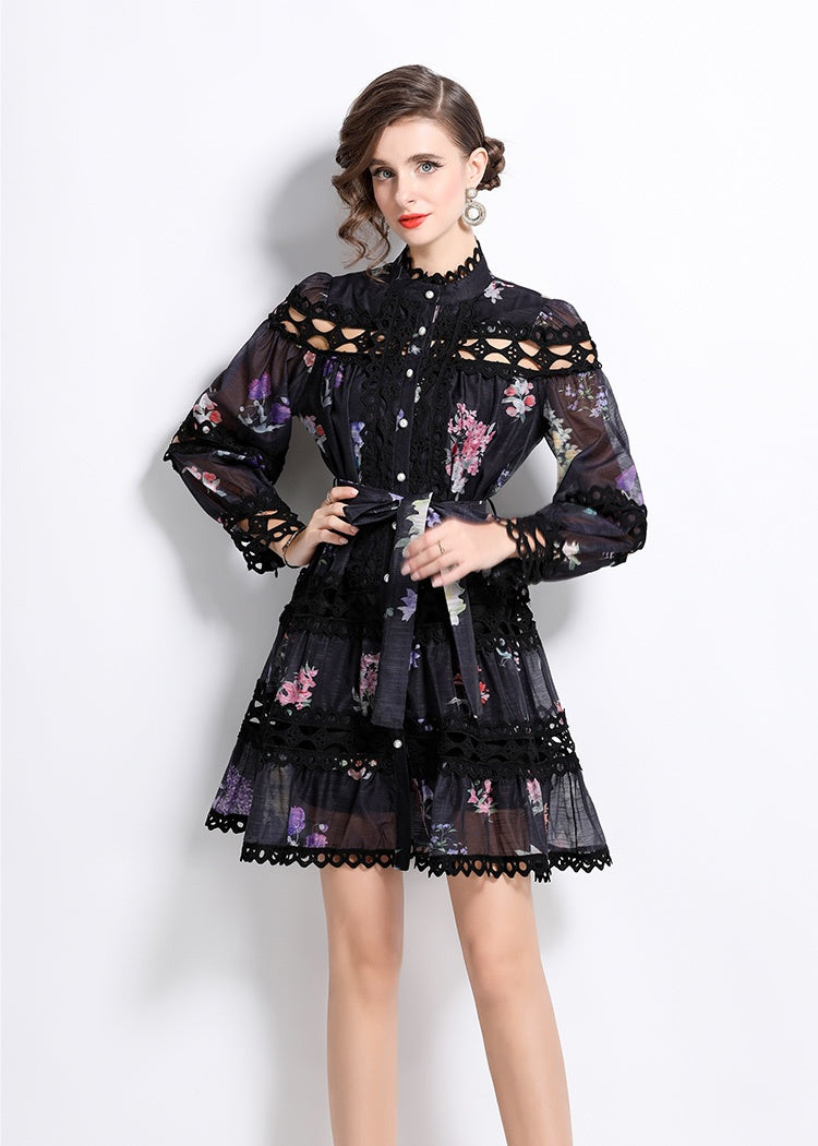 CM-DY026197 Women Elegant European Style Stand Collar Floral Print Single-Breasted Mini Dress (Available in 2 colors)