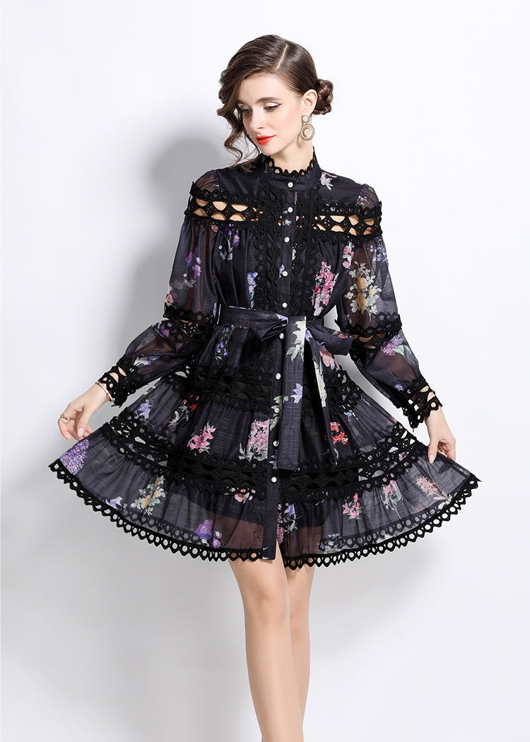 CM-DY026197 Women Elegant European Style Stand Collar Floral Print Single-Breasted Mini Dress (Available in 2 colors)