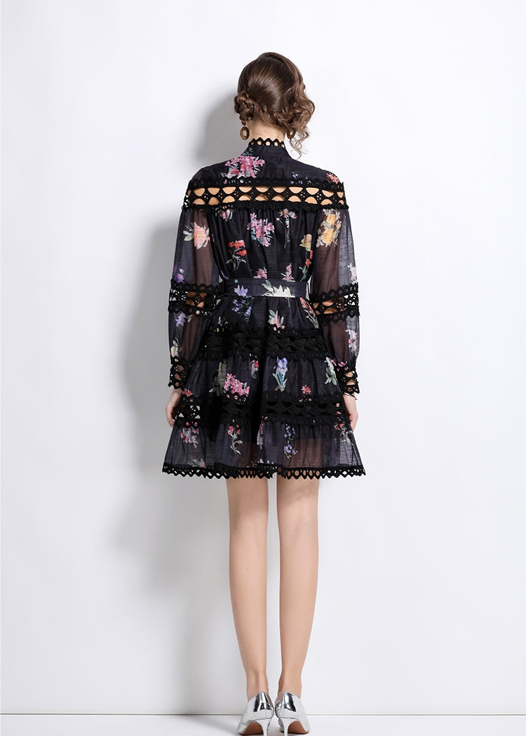 CM-DY026197 Women Elegant European Style Stand Collar Floral Print Single-Breasted Mini Dress (Available in 2 colors)