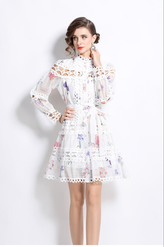 CM-DY026197 Women Elegant European Style Stand Collar Floral Print Single-Breasted Mini Dress (Available in 2 colors)