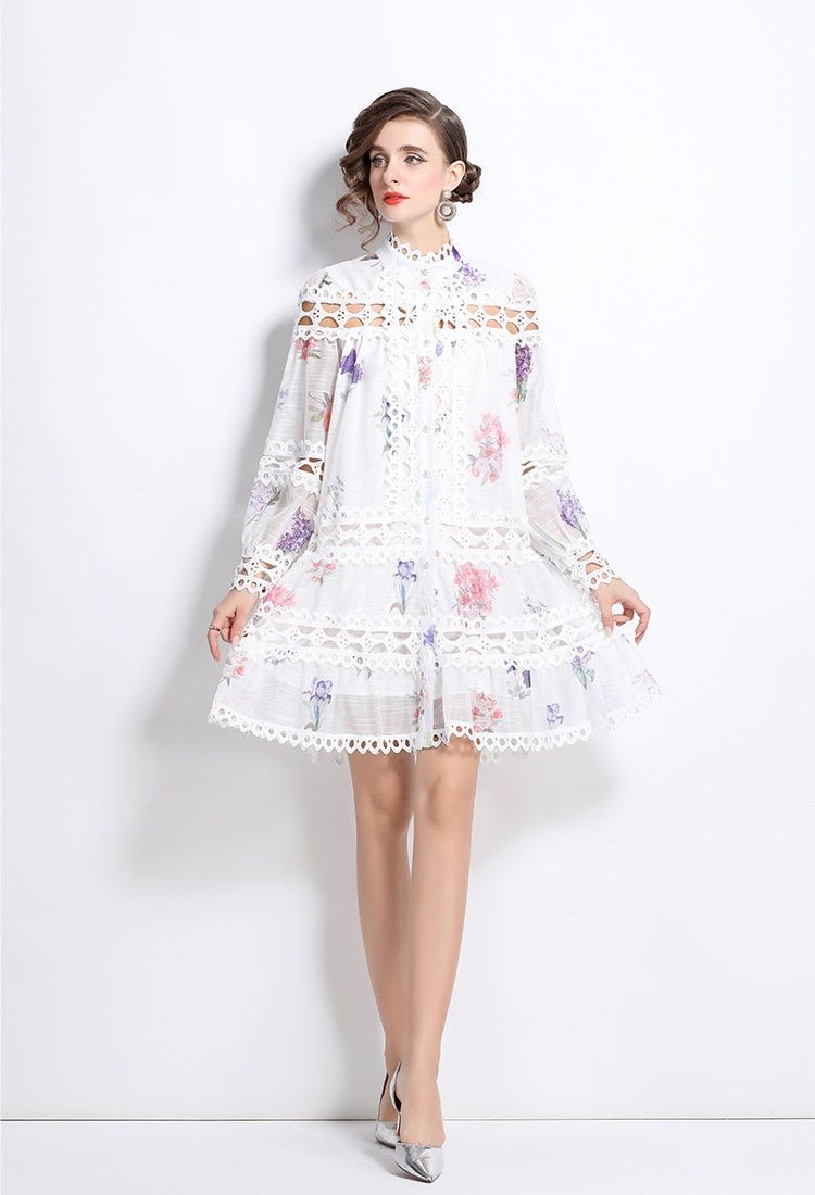 CM-DY026197 Women Elegant European Style Stand Collar Floral Print Single-Breasted Mini Dress (Available in 2 colors)