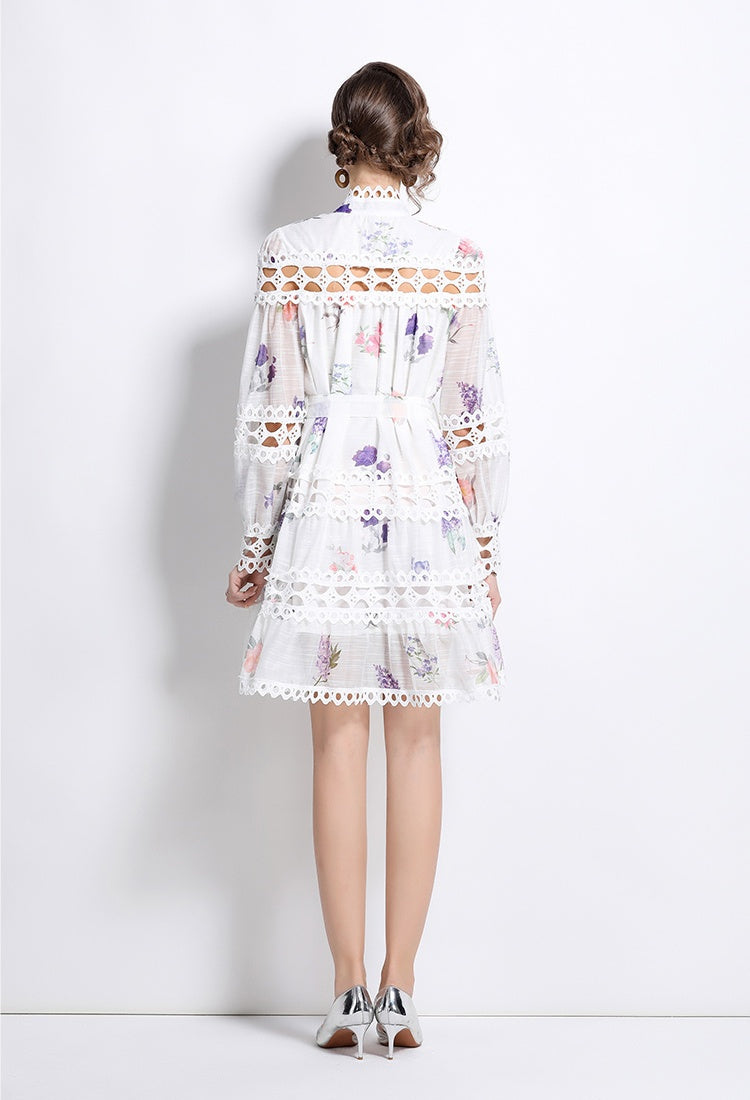 CM-DY026197 Women Elegant European Style Stand Collar Floral Print Single-Breasted Mini Dress (Available in 2 colors)