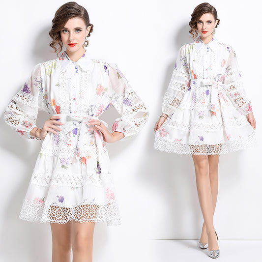 CM-DY026199 Women Elegant European Style Collar Neckline Long Sleeve Lace Mini Dress - White