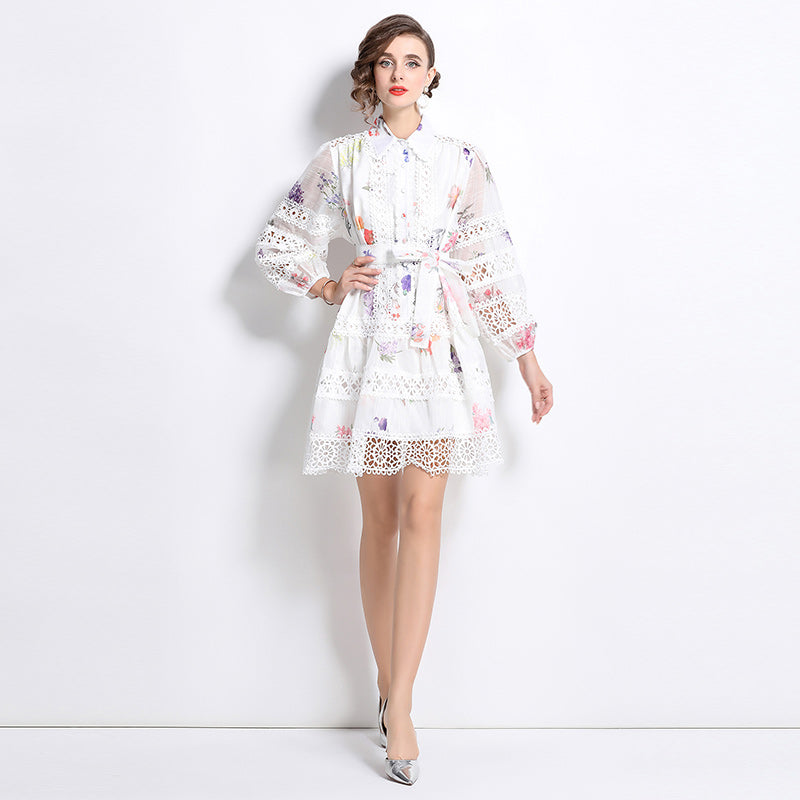 CM-DY026199 Women Elegant European Style Collar Neckline Long Sleeve Lace Mini Dress - White
