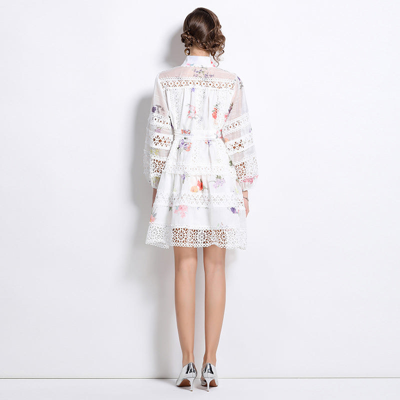 CM-DY026199 Women Elegant European Style Collar Neckline Long Sleeve Lace Mini Dress - White