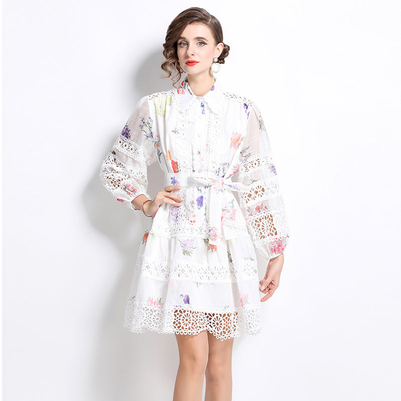 CM-DY026199 Women Elegant European Style Collar Neckline Long Sleeve Lace Mini Dress - White
