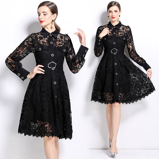 CM-DY026201 Women Elegant European Style Collar Neckline Long Sleeve Hollow Dress - Black