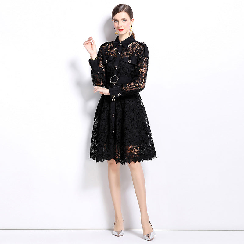CM-DY026201 Women Elegant European Style Collar Neckline Long Sleeve Hollow Dress - Black