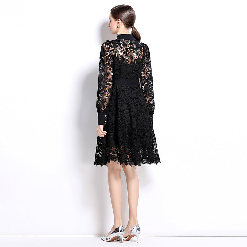 CM-DY026201 Women Elegant European Style Collar Neckline Long Sleeve Hollow Dress - Black