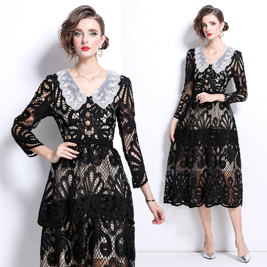 CM-DY026204 Women Elegant European Style V-Neck Long Sleeve Embroidered Cupcake Dress - Black