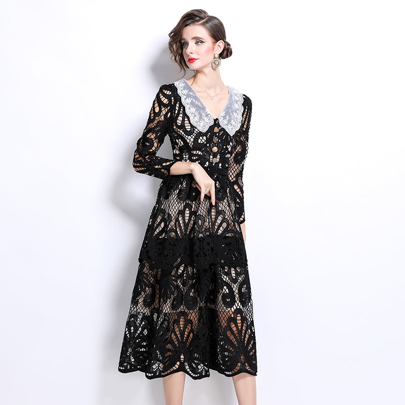CM-DY026204 Women Elegant European Style V-Neck Long Sleeve Embroidered Cupcake Dress - Black