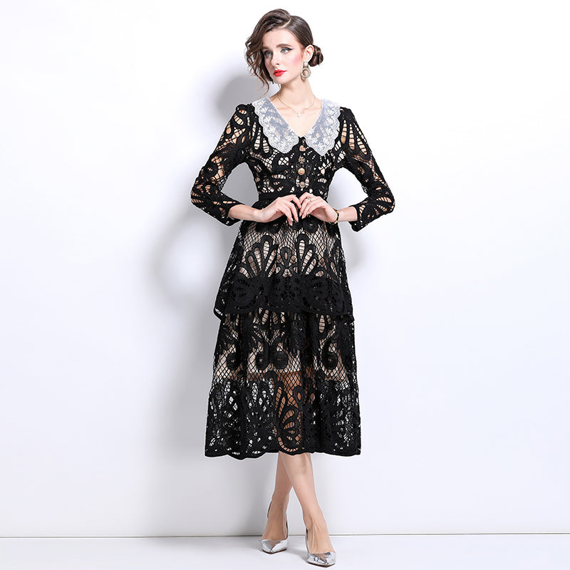 CM-DY026204 Women Elegant European Style V-Neck Long Sleeve Embroidered Cupcake Dress - Black