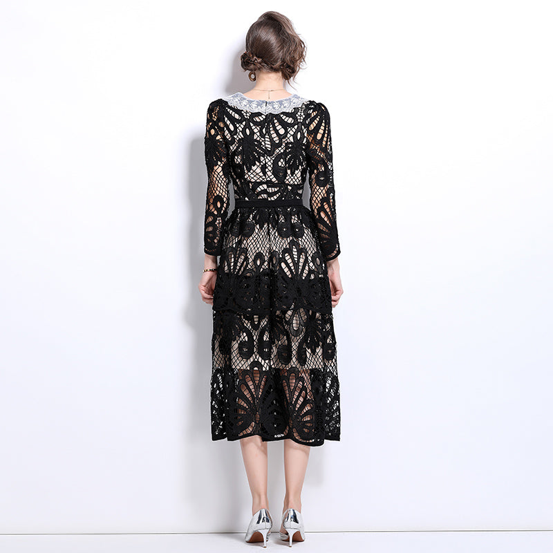 CM-DY026204 Women Elegant European Style V-Neck Long Sleeve Embroidered Cupcake Dress - Black
