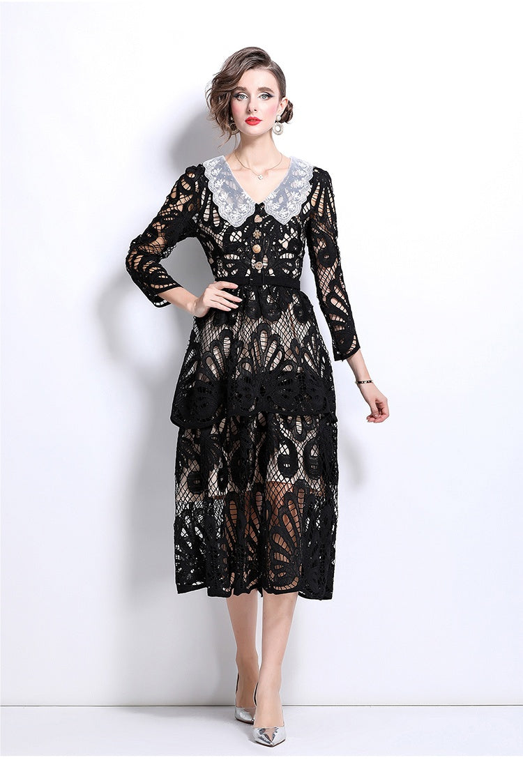 CM-DY026204 Women Elegant European Style V-Neck Long Sleeve Embroidered Cupcake Dress - Black