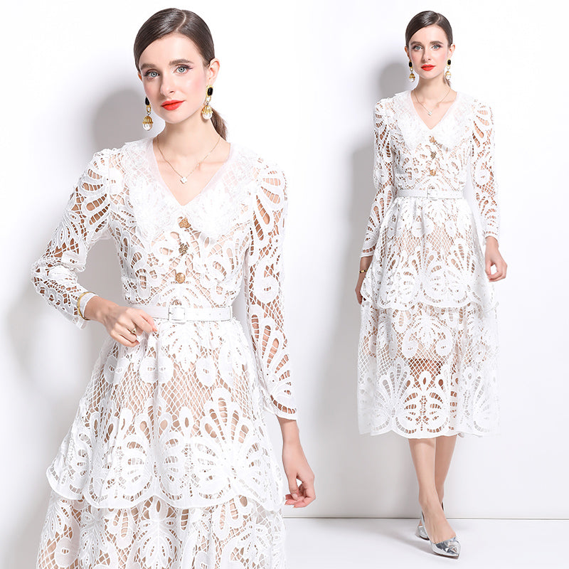 CM-DY026205 Women Elegant European Style V-Neck Embroidered Pinched Waist Cupcake Dress - White