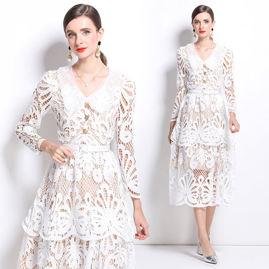 CM-DY026205 Women Elegant European Style V-Neck Embroidered Pinched Waist Cupcake Dress - White