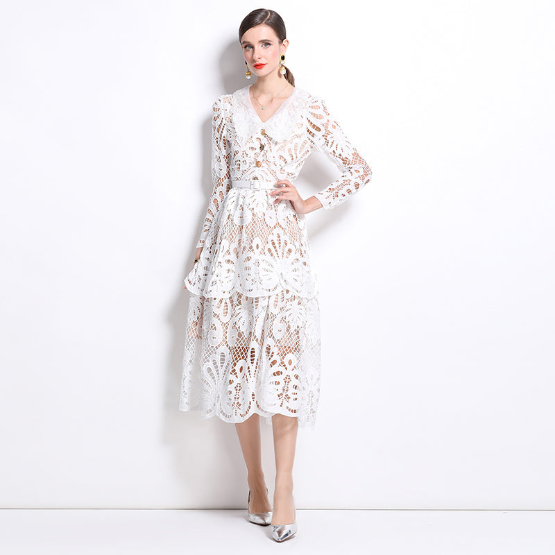 CM-DY026205 Women Elegant European Style V-Neck Embroidered Pinched Waist Cupcake Dress - White