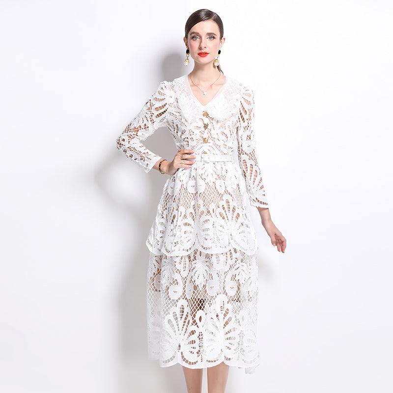 CM-DY026205 Women Elegant European Style V-Neck Embroidered Pinched Waist Cupcake Dress - White