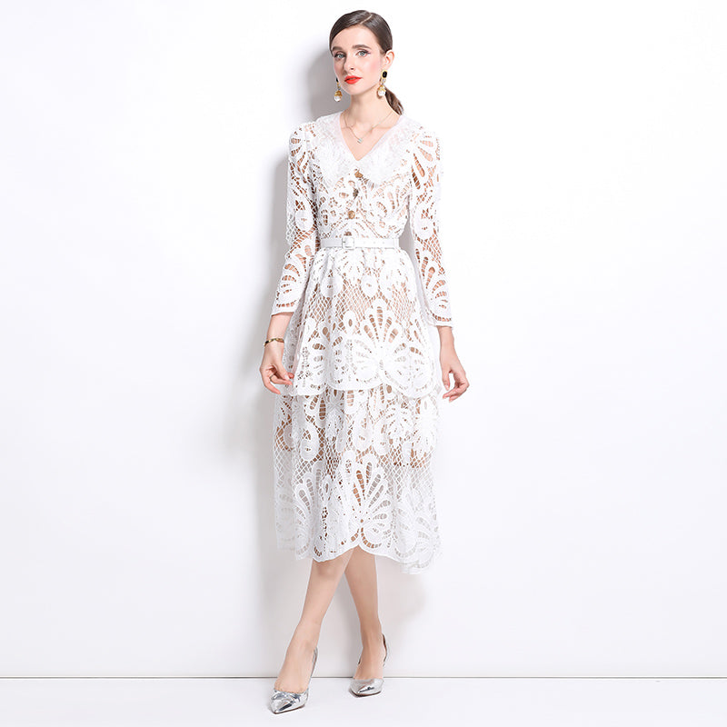 CM-DY026205 Women Elegant European Style V-Neck Embroidered Pinched Waist Cupcake Dress - White