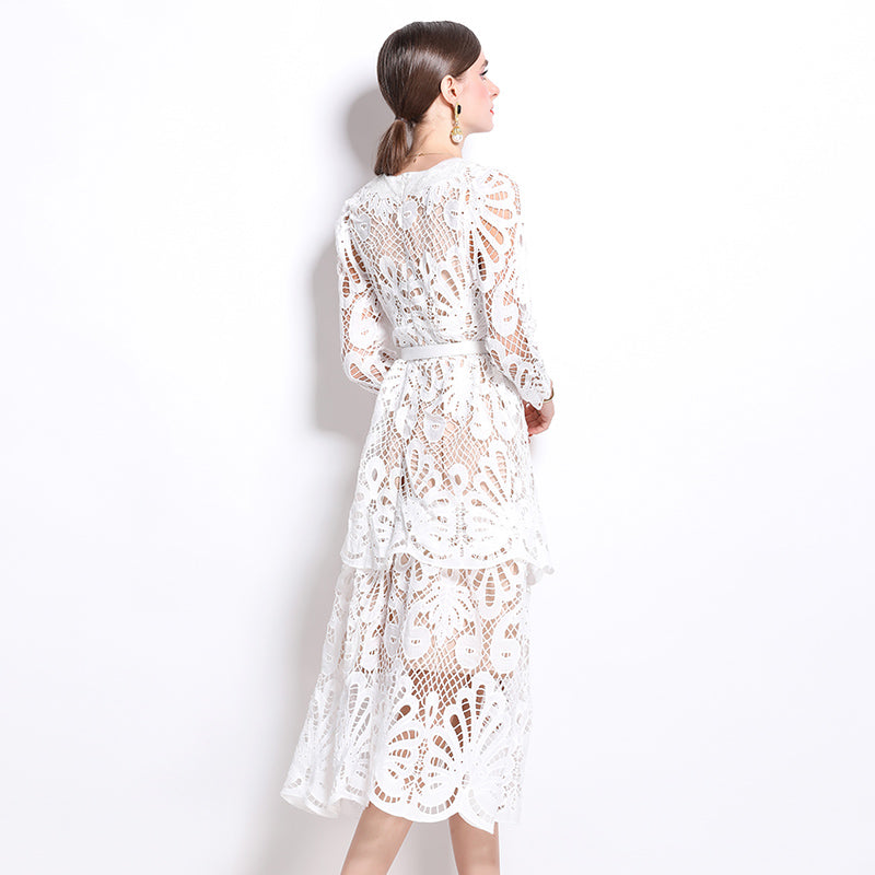 CM-DY026205 Women Elegant European Style V-Neck Embroidered Pinched Waist Cupcake Dress - White