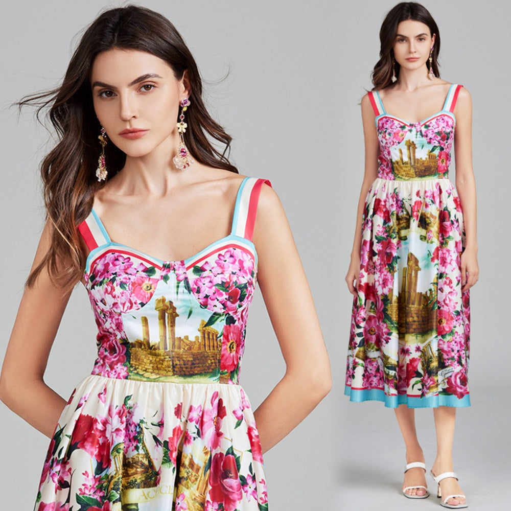 CM-DY026294 Women Elegant European Style Floral Print Sleeveless Elastic Wrapped High Waist Dress