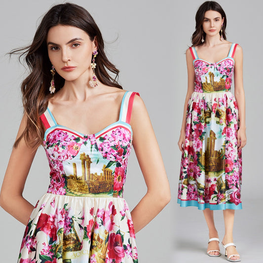 CM-DY026294 Women Elegant European Style Floral Print Sleeveless Elastic Wrapped High Waist Dress