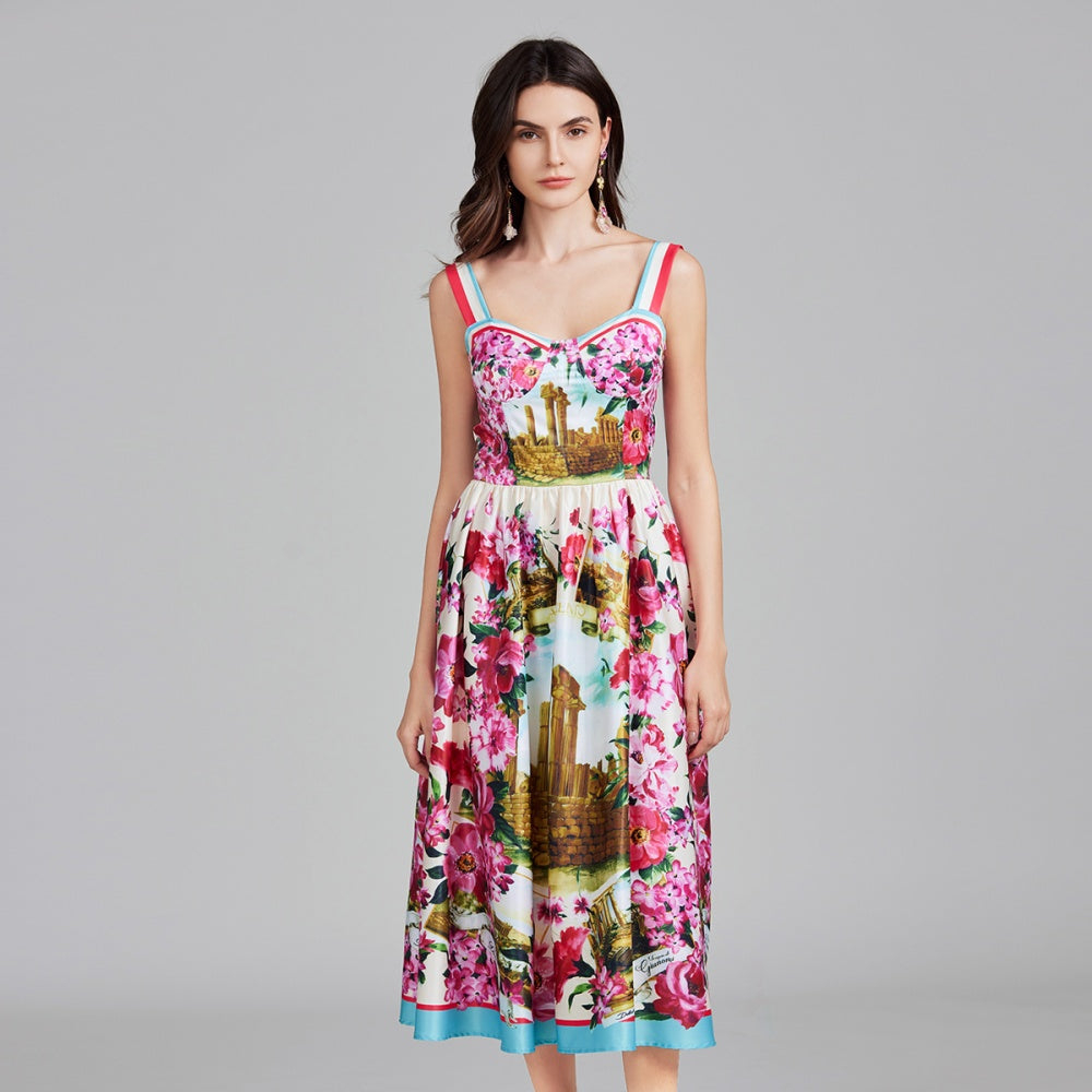 CM-DY026294 Women Elegant European Style Floral Print Sleeveless Elastic Wrapped High Waist Dress
